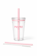 Clear tumbler with pink straw and additional straw on a white background