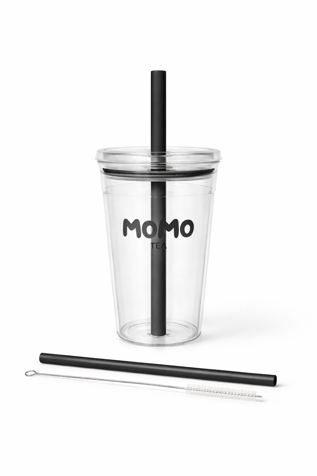 Clear tumbler with black straw and 'MOMO' branding on a white background